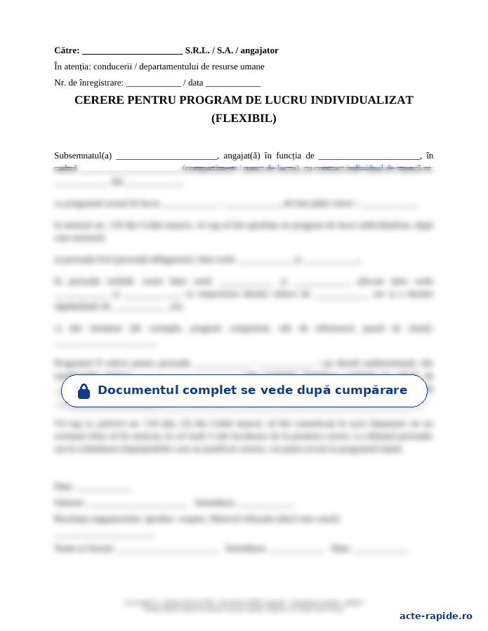 Model cerere pentru program de lucru flexibil: prima pagină a modelului, parțial încețoșată