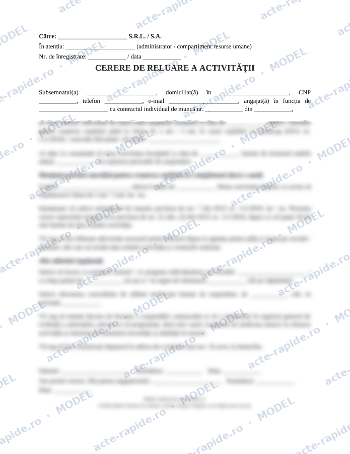 Model cerere de reluare a activității: prima pagină a modelului, parțial încețoșată