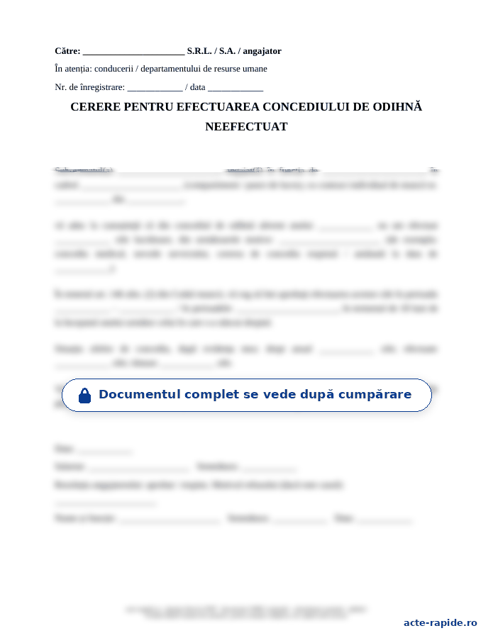 Model cerere pentru concediul de odihnă neefectuat: prima pagină a modelului, parțial încețoșată