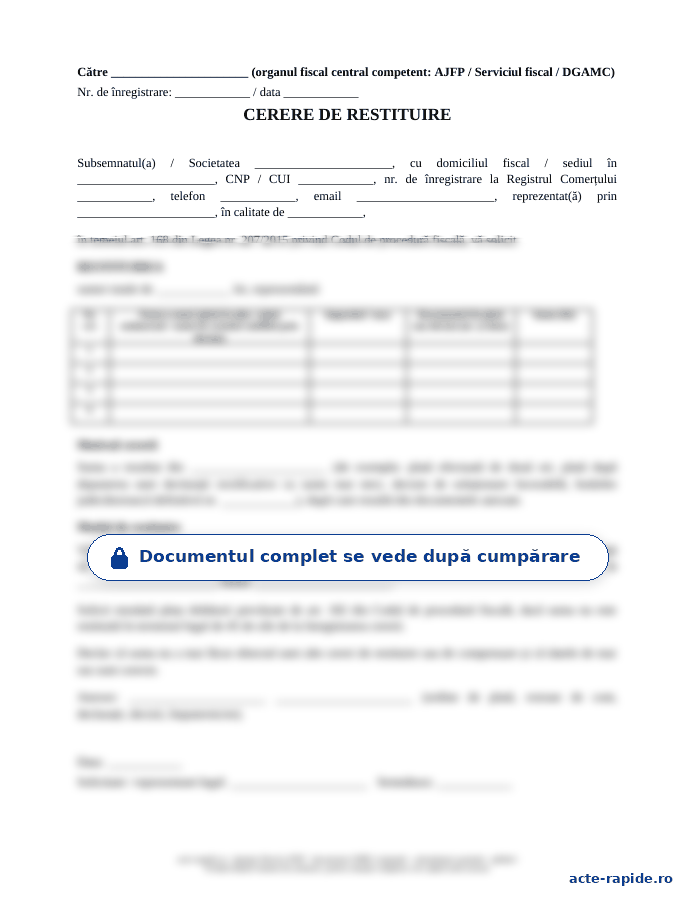Model cerere de restituire ANAF: prima pagină a modelului, parțial încețoșată