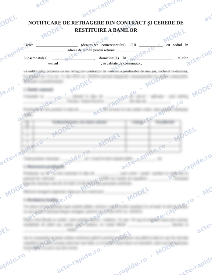 Model cerere de retur produs: prima pagină a modelului, parțial încețoșată