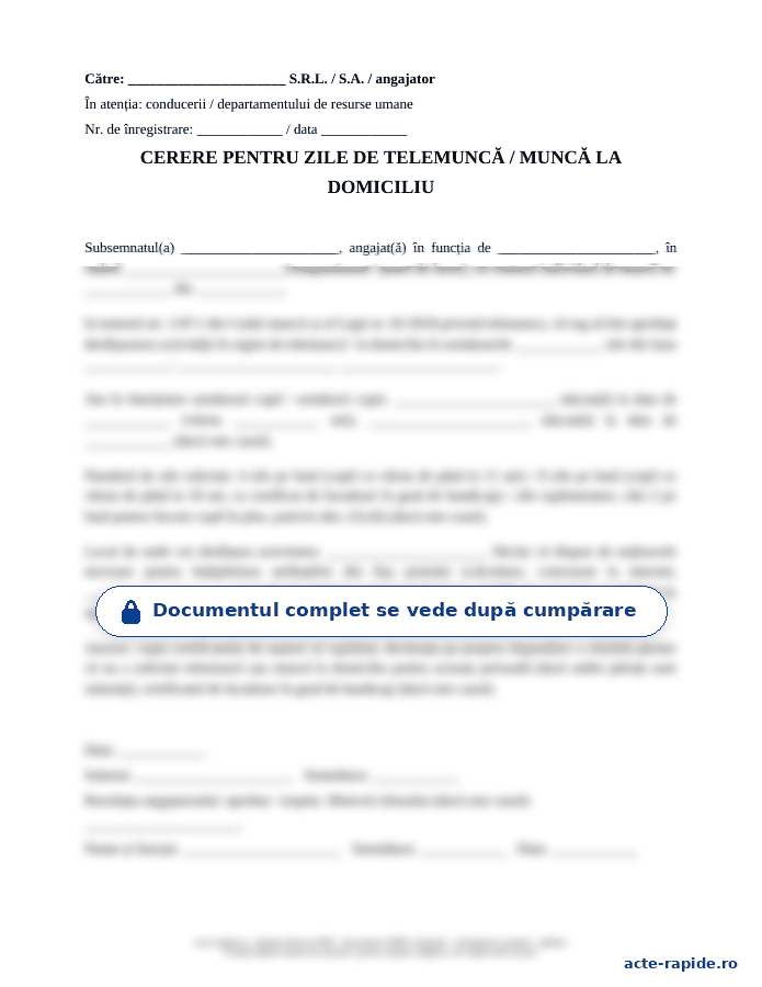 Model cerere de telemuncă pentru părinți: prima pagină a modelului, parțial încețoșată