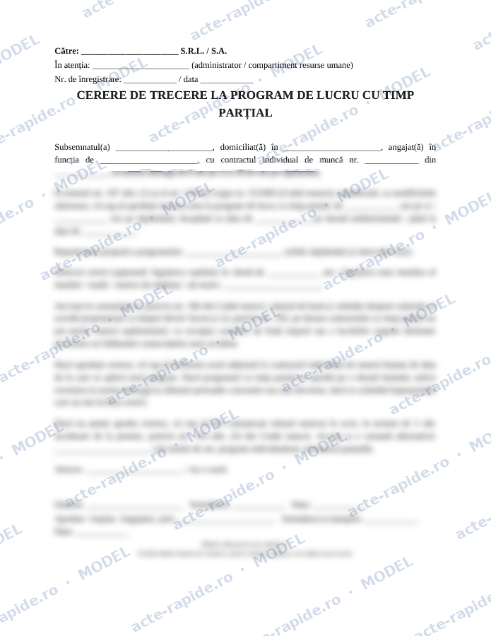 Model cerere de trecere la timp parțial: prima pagină a modelului, parțial încețoșată