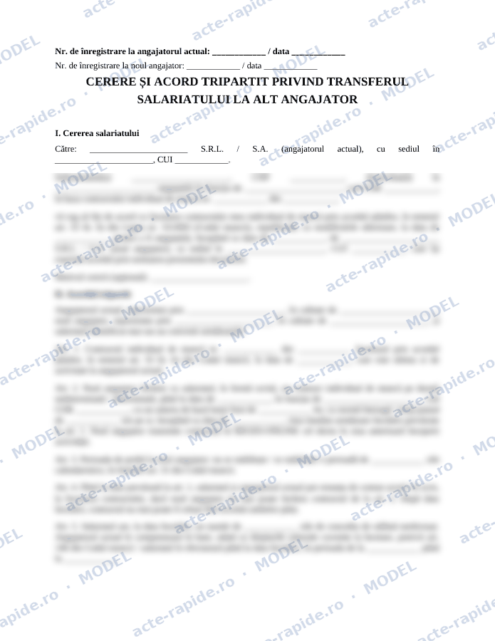 Model cerere de transfer la alt angajator: prima pagină a modelului, parțial încețoșată