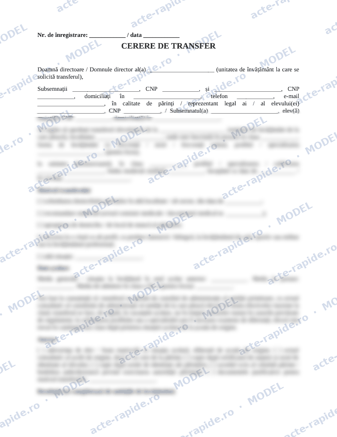 Model cerere de transfer elev: prima pagină a modelului, parțial încețoșată