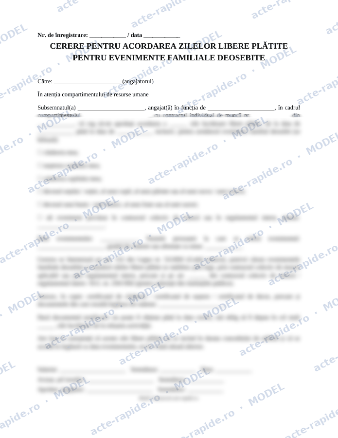 Model cerere pentru zile libere la evenimente familiale: prima pagină a modelului, parțial încețoșată