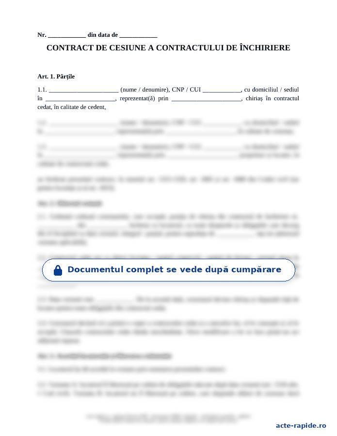 Model cesiune a contractului de închiriere: prima pagină a modelului, parțial încețoșată