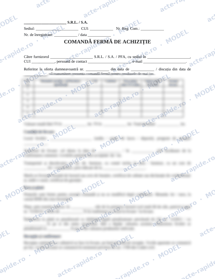 Model comandă fermă de achiziție către furnizor: prima pagină a modelului, parțial încețoșată