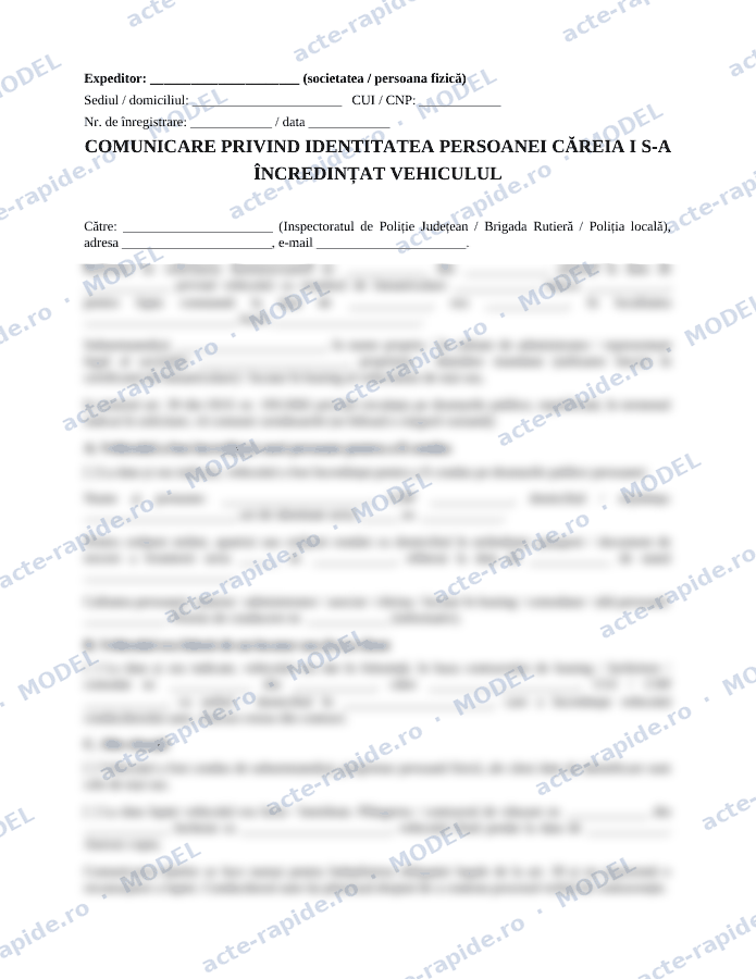 Model comunicare a identității conducătorului auto către poliție: prima pagină a modelului, parțial încețoșată