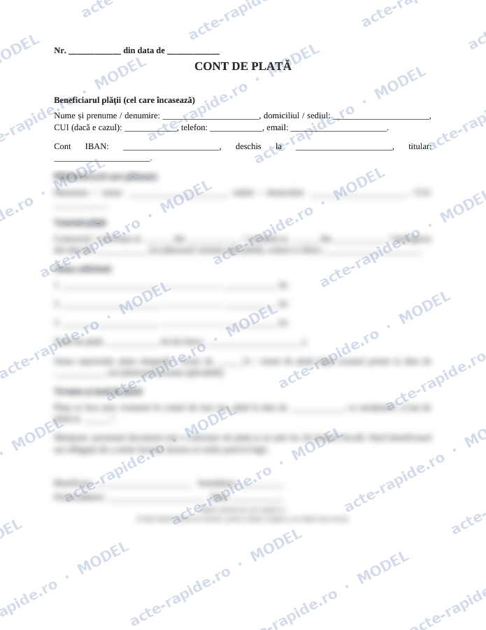 Model cont de plată: prima pagină a modelului, parțial încețoșată