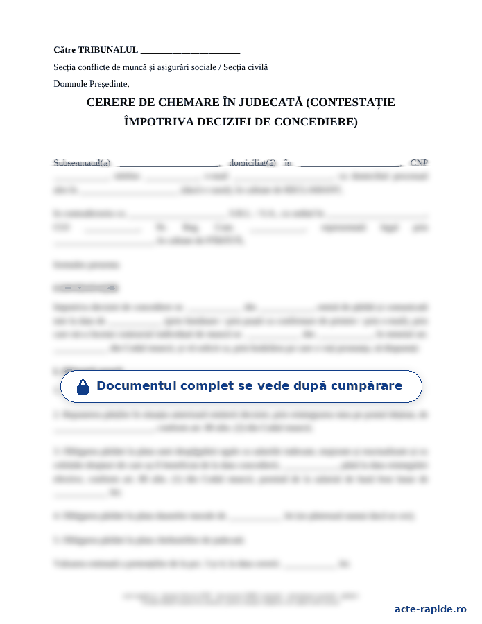 Model contestație decizie de concediere: prima pagină a modelului, parțial încețoșată