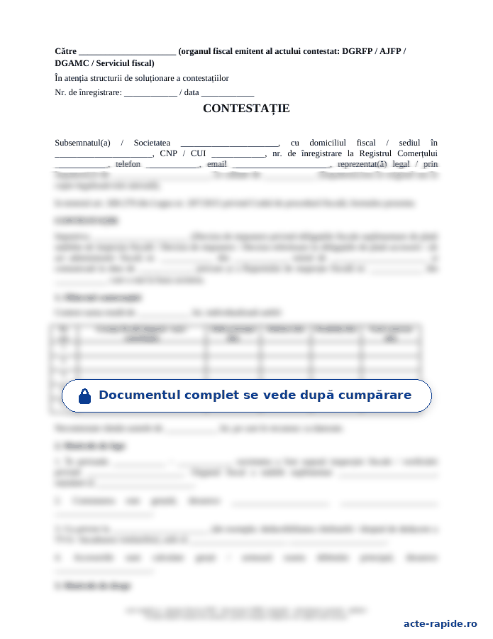 Model contestație decizie de impunere ANAF: prima pagină a modelului, parțial încețoșată