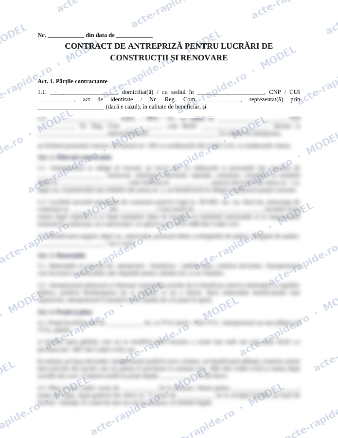 Model contract de antrepriză: prima pagină a modelului, parțial încețoșată