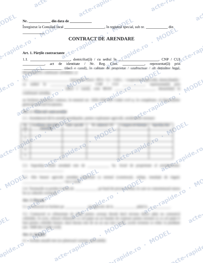 Model contract de arendă: prima pagină a modelului, parțial încețoșată