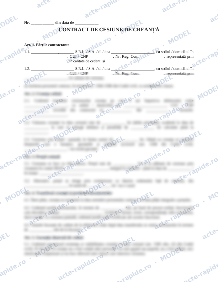 Model contract de cesiune de creanță: prima pagină a modelului, parțial încețoșată