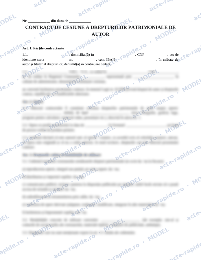 Model contract de cesiune a drepturilor de autor: prima pagină a modelului, parțial încețoșată