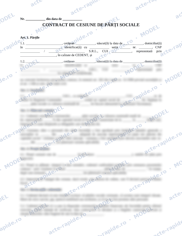 Model contract de cesiune a părților sociale: prima pagină a modelului, parțial încețoșată