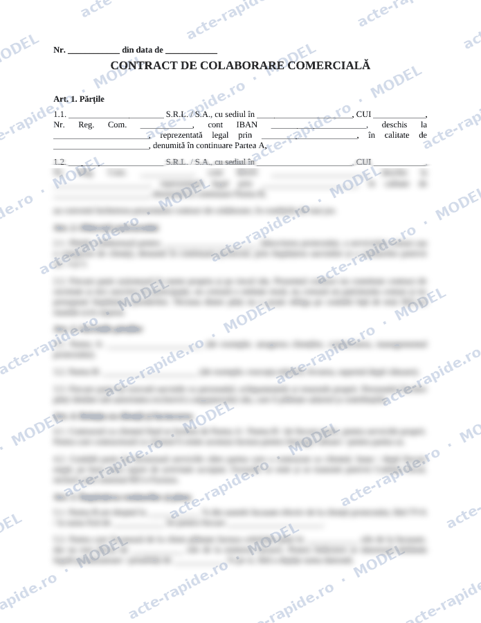 Model contract de colaborare între firme: prima pagină a modelului, parțial încețoșată