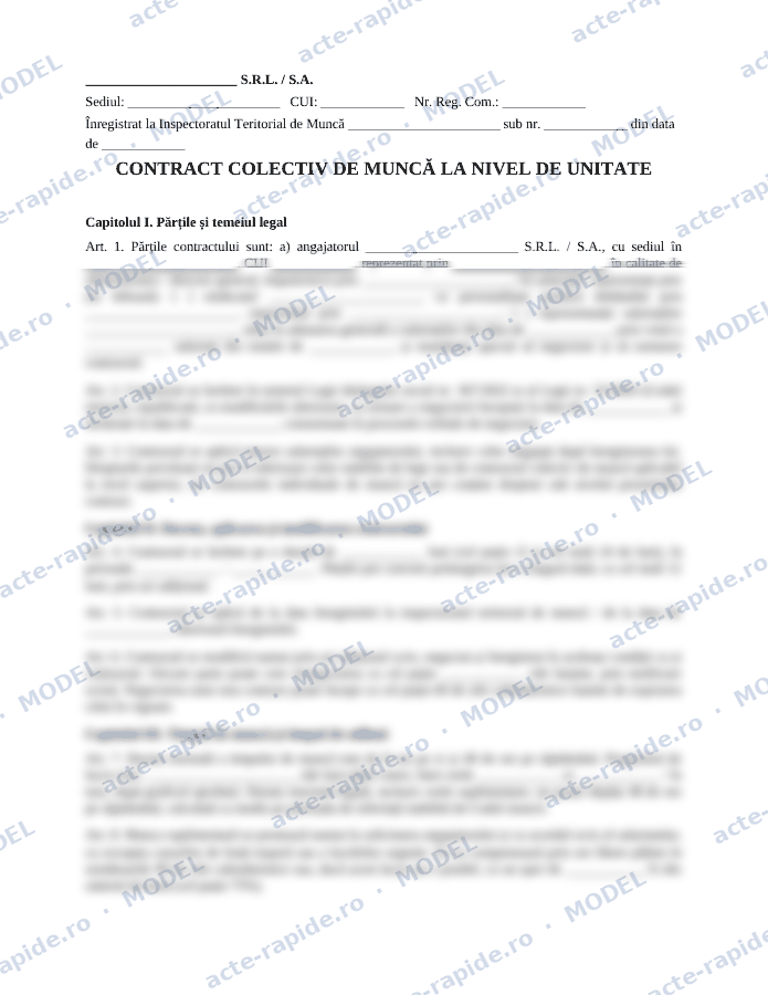 Model contract colectiv de muncă: prima pagină a modelului, parțial încețoșată