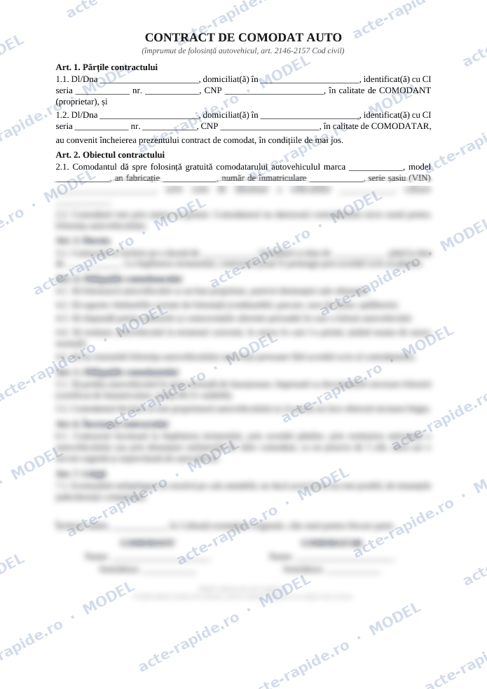 Model contract de comodat auto: prima pagină a modelului, parțial încețoșată
