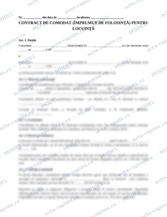 Model contract de comodat pentru locuință: prima pagină a modelului, parțial încețoșată