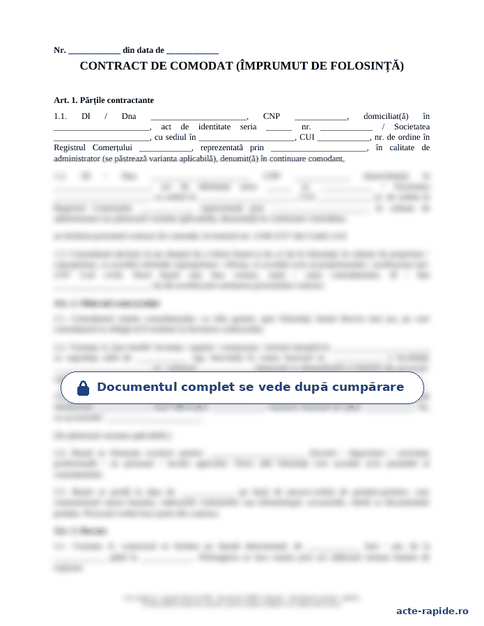 Model contract de comodat: prima pagină a modelului, parțial încețoșată