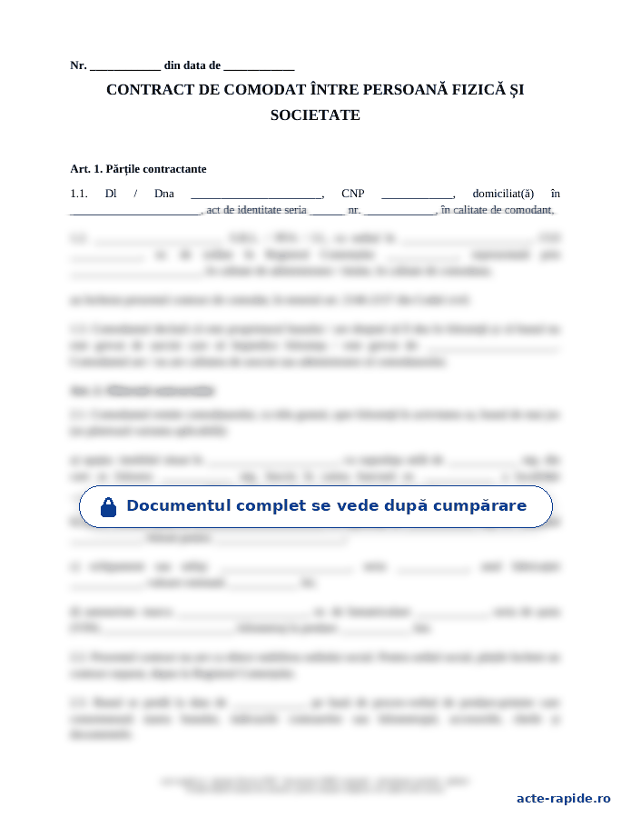 Model contract de comodat între persoană fizică și societate: prima pagină a modelului, parțial încețoșată