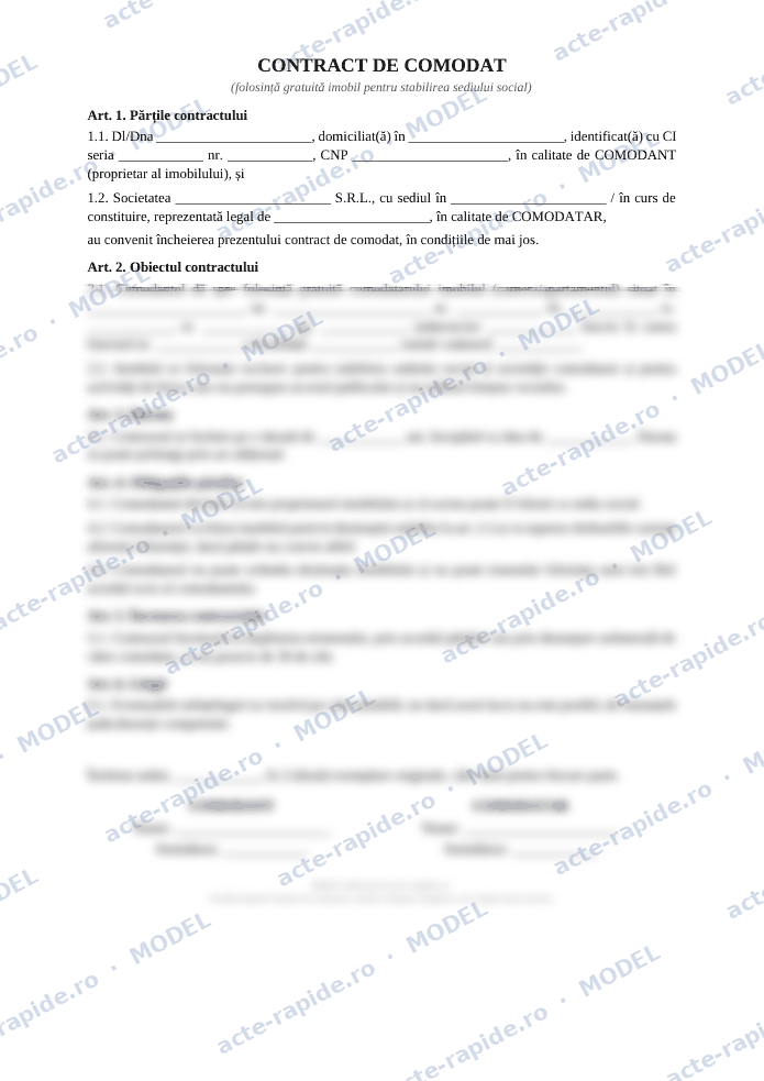 Model contract de comodat pentru sediu social: prima pagină a modelului, parțial încețoșată
