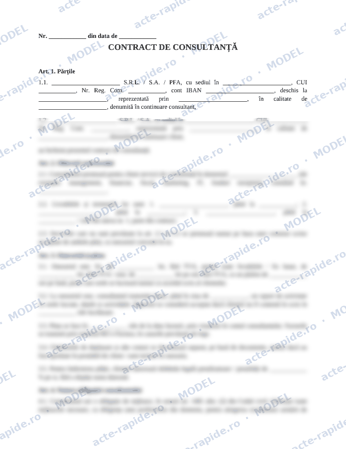 Model contract de consultanță: prima pagină a modelului, parțial încețoșată