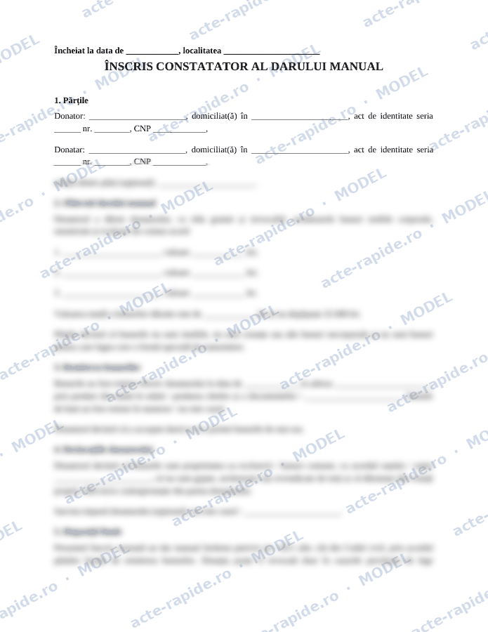 Model contract de donație sub forma darului manual: prima pagină a modelului, parțial încețoșată