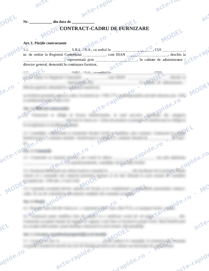 Model contract-cadru de furnizare: prima pagină a modelului, parțial încețoșată