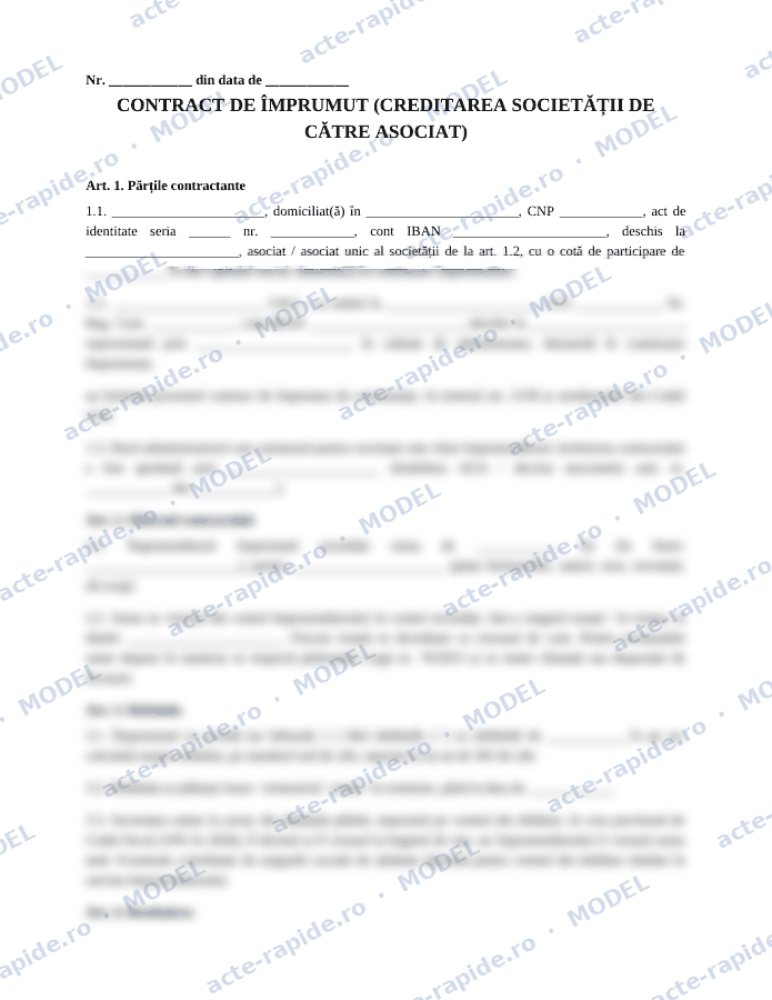 Model contract de împrumut de la asociat către firmă: prima pagină a modelului, parțial încețoșată