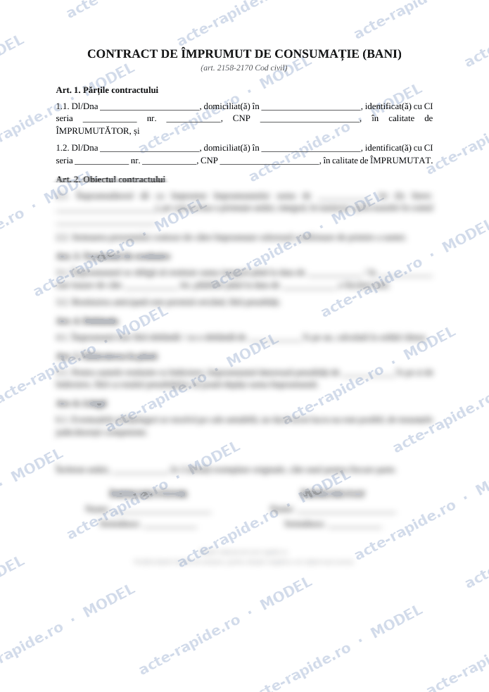 Model contract de împrumut de bani între persoane fizice: prima pagină a modelului, parțial încețoșată