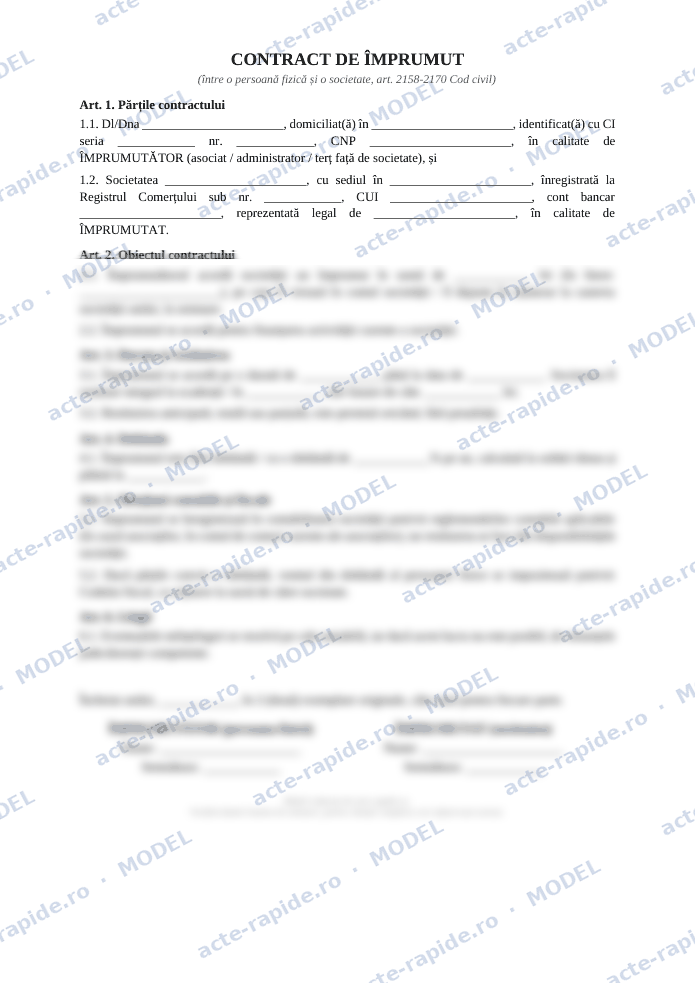 Model contract de împrumut între persoană fizică și firmă: prima pagină a modelului, parțial încețoșată