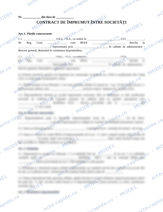 Model contract de împrumut între firme: prima pagină a modelului, parțial încețoșată