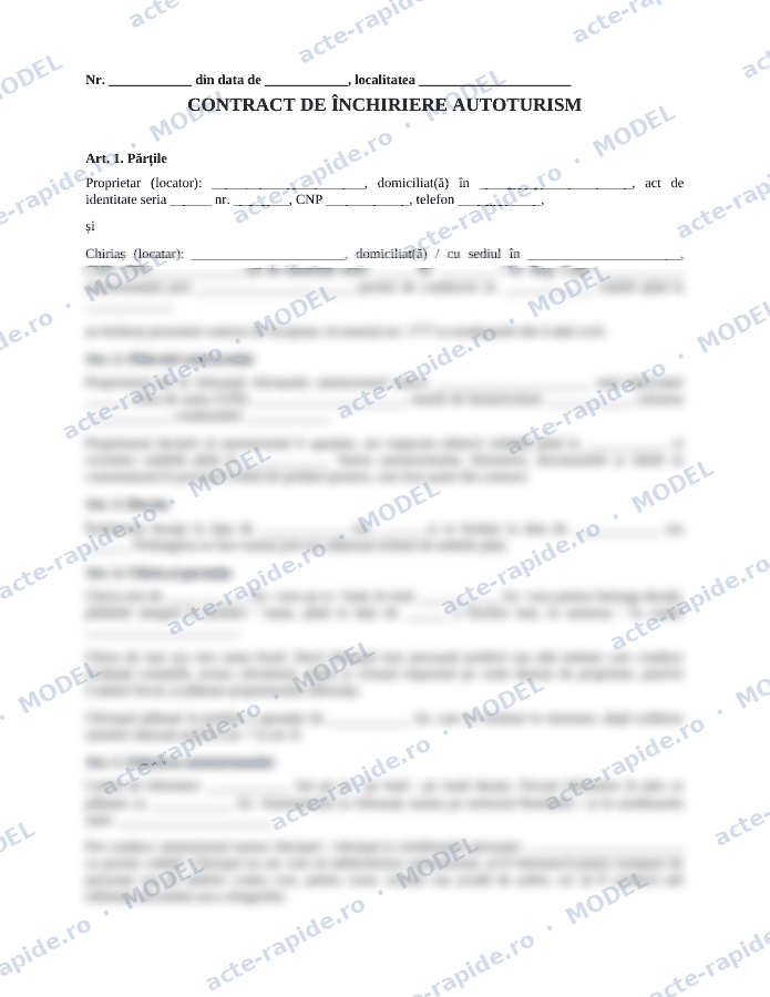Model contract de închiriere auto: prima pagină a modelului, parțial încețoșată