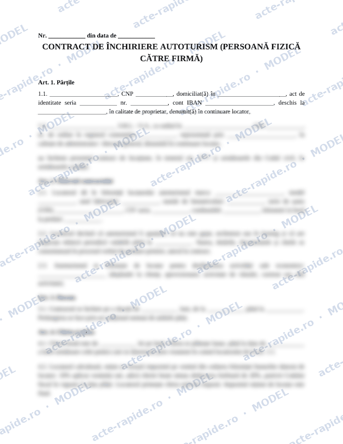 Model contract închiriere auto persoană fizică - firmă: prima pagină a modelului, parțial încețoșată
