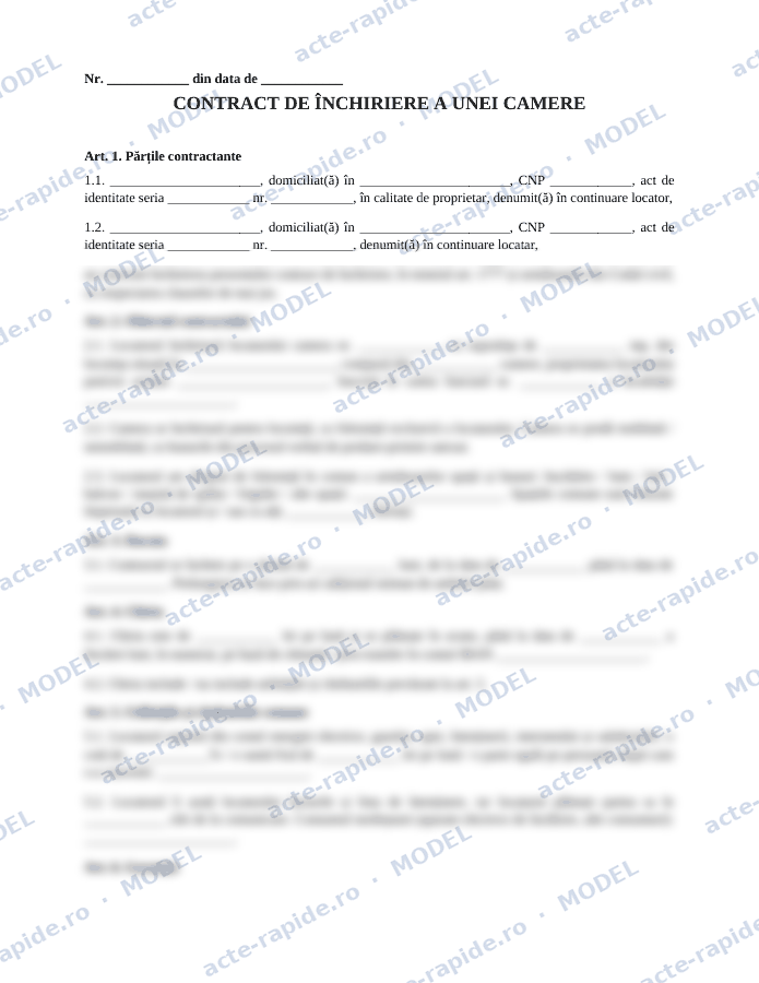 Model contract închiriere cameră: prima pagină a modelului, parțial încețoșată
