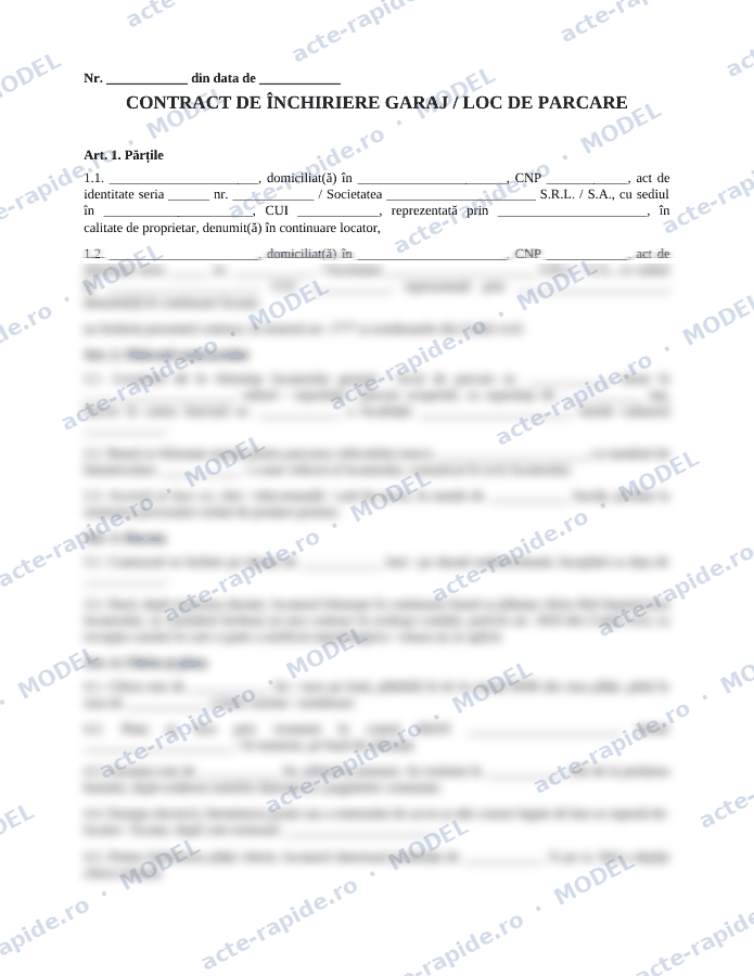 Model contract de închiriere garaj sau loc de parcare: prima pagină a modelului, parțial încețoșată