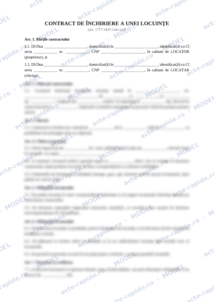 Model contract de închiriere locuință: prima pagină a modelului, parțial încețoșată