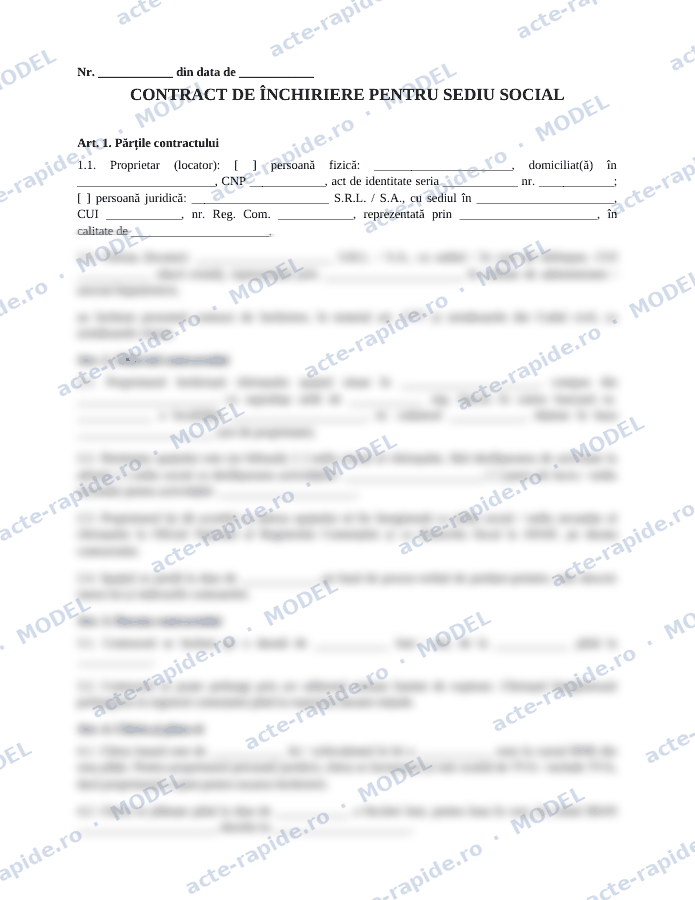 Model contract de închiriere pentru sediu social: prima pagină a modelului, parțial încețoșată