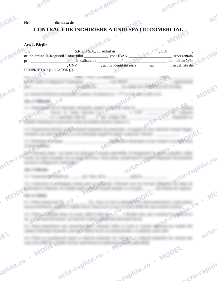 Model contract de închiriere spațiu comercial: prima pagină a modelului, parțial încețoșată
