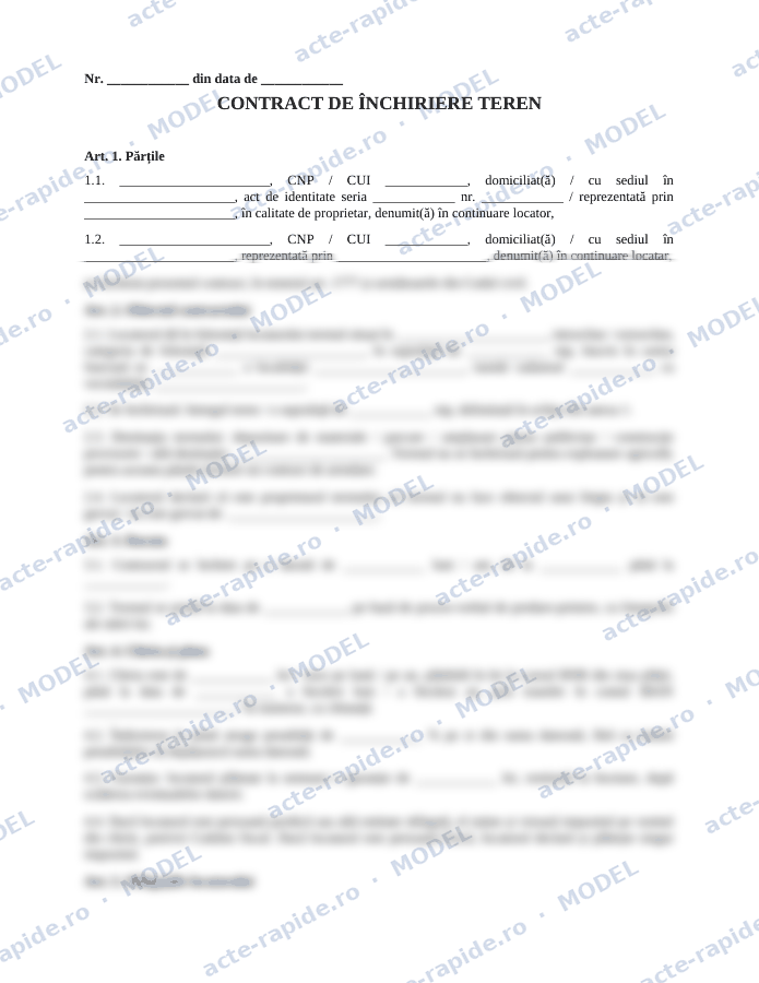 Model contract de închiriere teren: prima pagină a modelului, parțial încețoșată