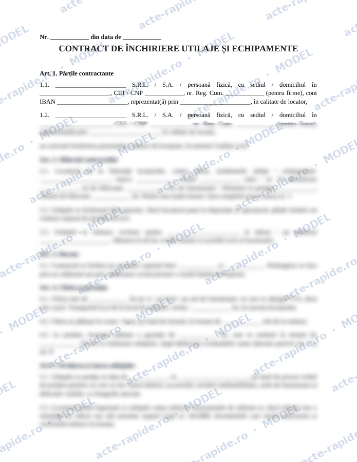 Model contract de închiriere utilaje și echipamente: prima pagină a modelului, parțial încețoșată