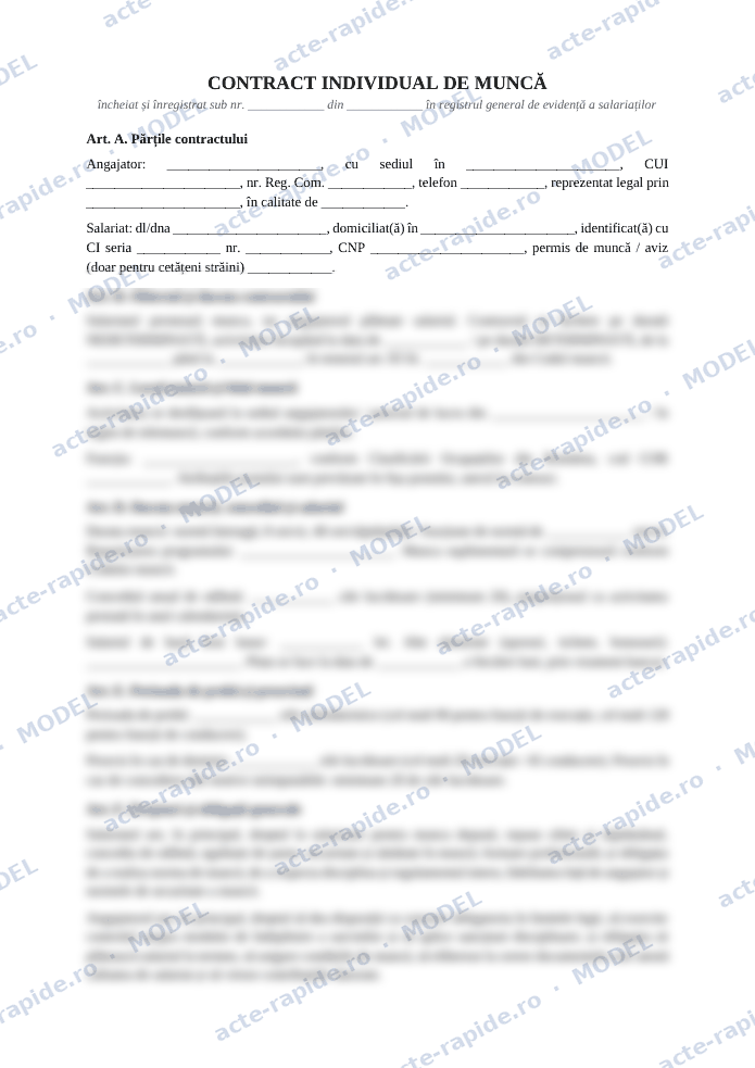 Model contract individual de muncă: prima pagină a modelului, parțial încețoșată