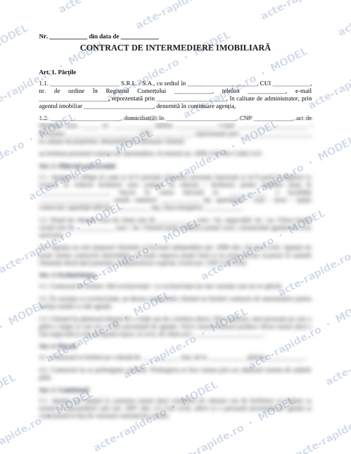 Model contract de intermediere imobiliară: prima pagină a modelului, parțial încețoșată
