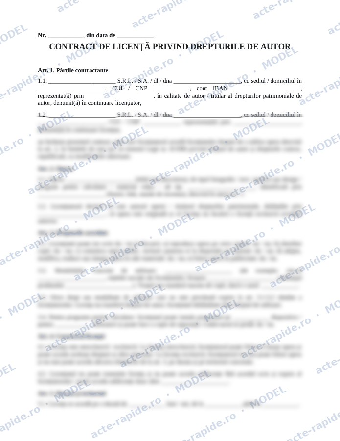 Model contract de licență drepturi de autor: prima pagină a modelului, parțial încețoșată