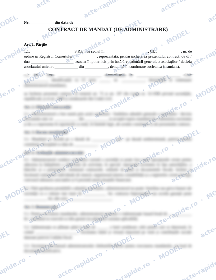 Model contract de mandat pentru administrator SRL: prima pagină a modelului, parțial încețoșată