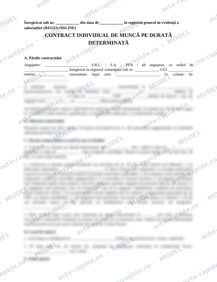 Model contract de muncă pe durată determinată: prima pagină a modelului, parțial încețoșată