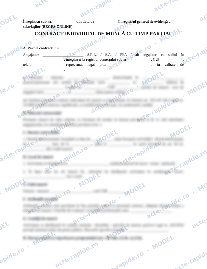 Model contract individual de muncă cu timp parțial: prima pagină a modelului, parțial încețoșată